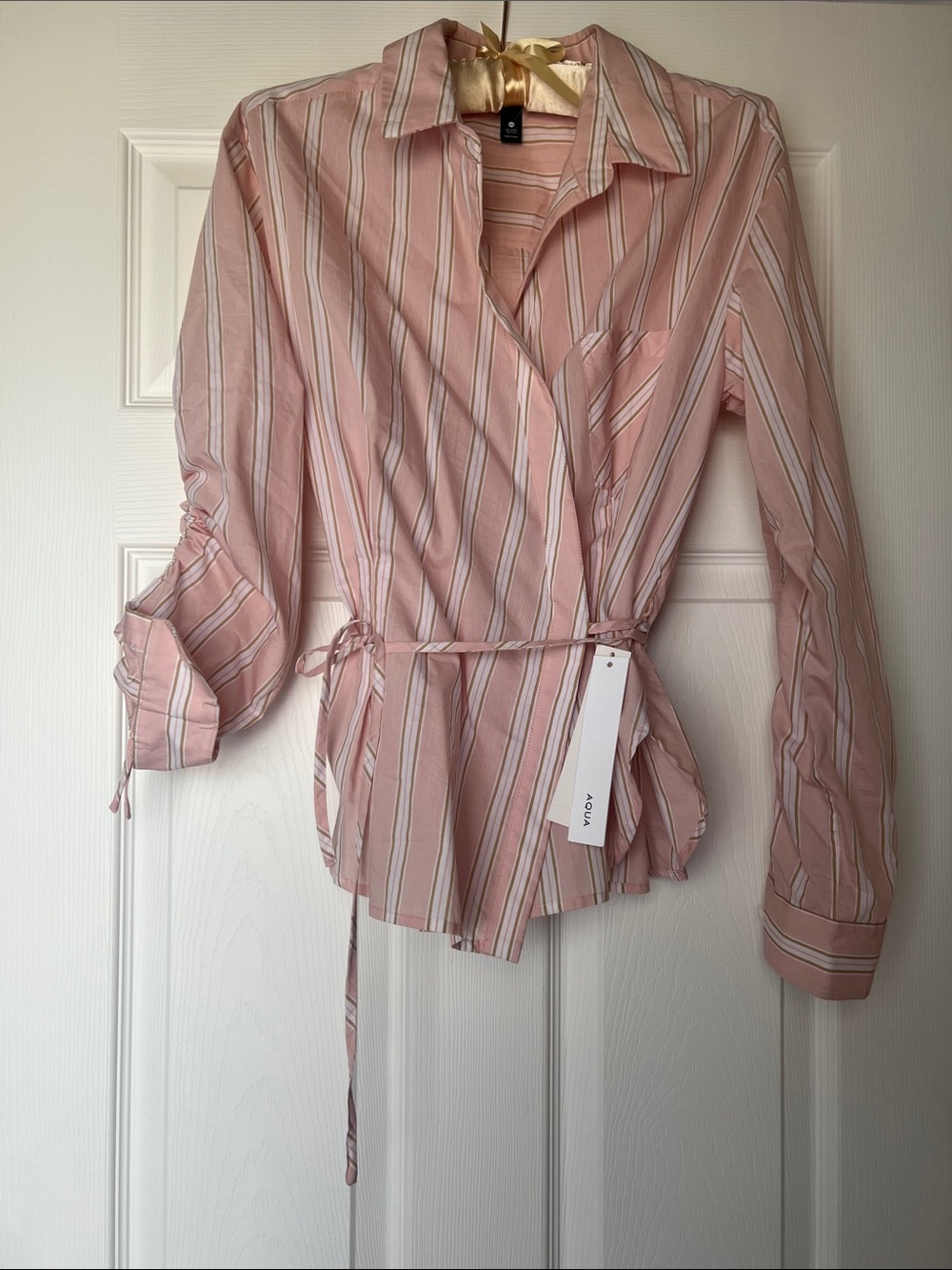 Aqua Pink and White Striped Wrap Button-Down Shirt